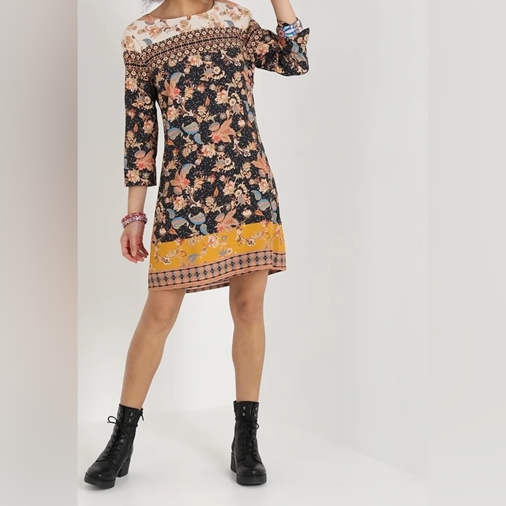 Desigual Floral Print Shift Dress in Black and Mustard Sz S - Picture 2 of 10
